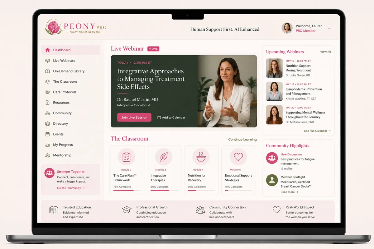 Online classroom practitioner webinar dashboard showing live webinar and upcoming sessions